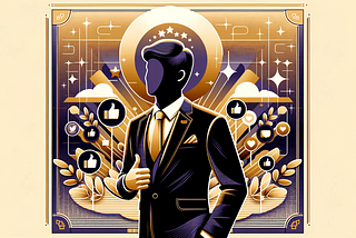 Image symbolizing an influencer’s success, featuring a central figure surrounded by social media icons, harmoniously blending light beige, gold, and dark violet colors, highlighting the ascent and influence in the digital world.