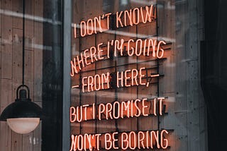 A window with a neon sign reading “i don’t know where I’m going from here but I promise it won’t be boring”