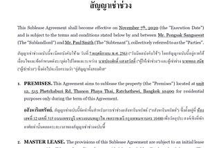 Sublease Agreement in Thailand