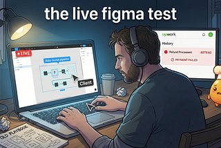 A horizontal illustration of a designer wearing headphones, working late at a cluttered desk. He is focused on a laptop showing a live Figma session with an “Auto-layout pipeline” and a hovering “Client” cursor. A secondary monitor displays an Upwork notification reading “Refund Processed: -$279.60” and “PAYMENT FAILED.” The text “the live figma test” is written across the top. A concerned orange chef mascot stands nearby among coffee cups, crumpled papers, and discarded wireframe sketches.