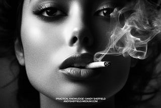 a striking black and white portrait of a female model smoking a cigarette