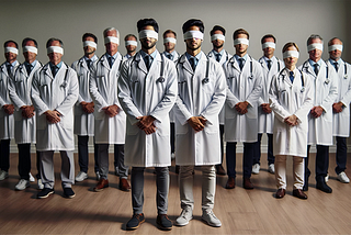 Image of a room filled with doctor in white lab coats wearing blindfolds over their eyes.