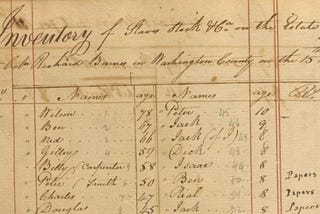 Handwritten 19th-century plantation ledger listing enslaved individuals by name, age, and role on the estate.