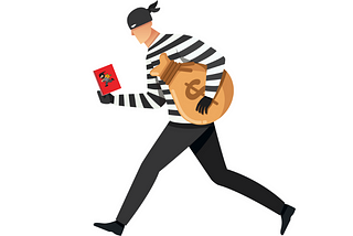 A cartoon thief holds a sack of money under one arm and a book with a thief on the front in his other hand.