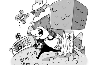 Art of the main character from Toem standing to the left of a tree with an info kiosk and Toem mountain behind them
