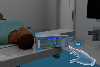 3D Medical equipment sits in a VR operation room with a Ui highlight