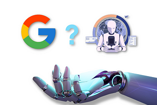 Robotic hand extended with a Google logo, a ? mark, and an AI design