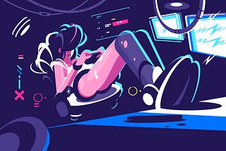 Illustration of woman playing a console game in a spaceship.