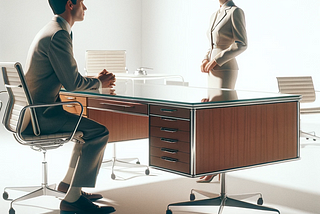 A man and a woman are conversing over an empty desk.