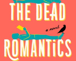 Cover image of The Dead Romantics by Ashley Poston, cover shows an illustration of a man and a woman lying on their backs and reading. A black crow is perched on the man’s foot.