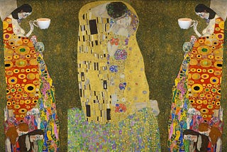 collage featuring the decorative huma figures of German artist, Gustav Klimt. two women in geometically-patterned gold and red dresses guard the outer edges, mirror images of each other, each holding a coffee cup. the famous Lovers hog the center of the collage, in deep embrace, wrapped in a gold quite with intricate patterns. the backgrond is a deep almost green-gold with lighter gold flecks.