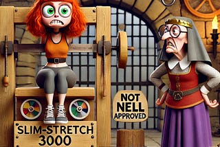 Cartoon-style medieval scene showing a redheaded woman being stretched on a weight-loss device called the Slim-Stretch 3000. A stern woman named Nell, stands beside a wooden sign that reads ‘Not Nell Approved.’