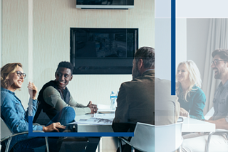 overlaid image of people around a boardroom table talking