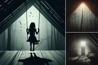 An impressionistic view of a girl on a swing, eerie atmosphere, and an attic with shadows