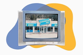 A TV showing a fuzzy image of a Blockbuster store.