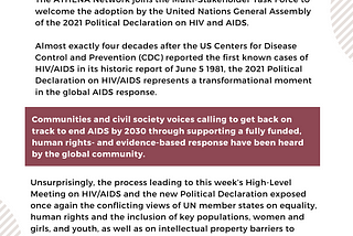 STATEMENT IN RESPONSE TO THE ADOPTION OF THE 2021 POLITICAL DECLARATION ON HIV AND AIDS