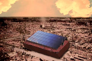 A firebombed cityscape under a smoky red sky. In the foreground is a gigantic brick, most of the length of a city block, with a set of solar panels atop it. Image: 臺灣古寫真上色 (modified) https://commons.wikimedia.org/wiki/File:Raid_on_Kagi_City_1945.jpg Grendelkhan (modified) https://commons.wikimedia.org/wiki/File:Ground_mounted_solar_panels.gk.jpg CC BY-SA 4.0 https://creativecommons.org/licenses/by-sa/4.0/deed.en