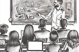 Teacher teaching digital marketing to students pencil art