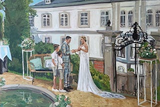 Bride and groom and their two sons, during ring exchange. Outdoor wedding ceremony painting.