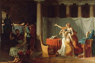 Jacques-Louis David, The Lictors bring Brutus the Bodies of his Sons, 1789. Brutus mourns in the right foreground, while the women coddle the children in the background.