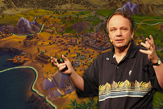 Sid Meier presenting a keynote with an edited background of his game, Civilization.