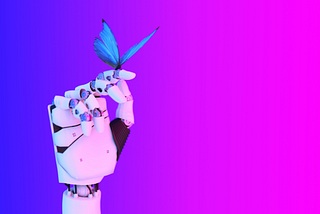 A robotic hand, gently holding a blue butterfly. Background is a gradient from blue to magenta.