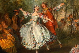Renaissance painting of a ballerina in a white gown dancing with a man in red attire with spectators surrounding