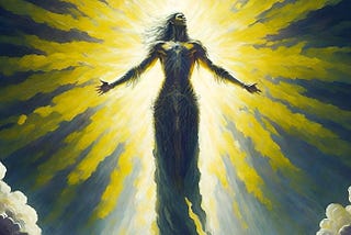 AI-generated image of a man standing tall, with his arms raised towards the sky, surrounded by an aura of divine light extending upwards to the heavens.