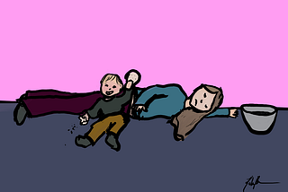 An exhausted woman with the start of a pregnancy belly lies on the floor reaching for a mixing bowl while a very happy toddler plays with crackers around her