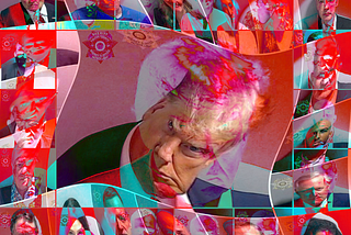 Image is a distorted mugshot of Trump and some of his helpers taken as part of one of his many criminal indictments.