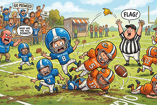 A cartoon-AI generated photo of two pee-wee-type football teams playing each other with a coaching yelling during the action.