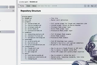 Screenshot of the UX Wise Agent GitHub repository showing the README.md file open in preview mode. The repository structure lists 16 files organized into five folders: prompts (system-prompt.md, starter-prompts.md, and three mode-specific files), examples (onboarding-analysis.md, checkout-friction.md, navigation-challenge.md), knowledge (ux-principles.md, heuristics.md, ai-ux-considerations.md), integrations (claude-skill.md, custom-gpt.md, api-usage.md), and docs (contribution-guide.md, vocabul