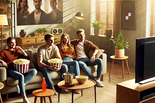 4 Group of friends watching movie and eating popcorn