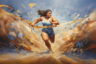 a painting of a young Latina woman crossing the finishing line in a foot race