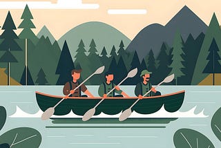 A colorful drawing of three guys rowing a boat together as a team on a body of water surrounded by forsests and mountains.