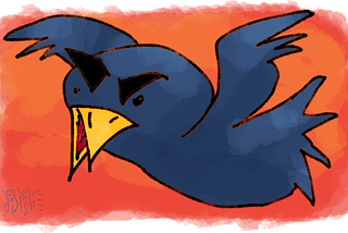 A cartoonish image of an angry dark blue bird flying in an orange-red sky. It has big black eyebrows. Art by Doodleslice 2024