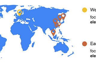 Map of the world with yellow pins over the US, Canada, and Western Europe, which are labelled as “Westerners” and red pins over Korea, Japan, China, Hong Kong, and Singapore, which are labelled as “East Asians.” Westerners are known to focus on foreground, whereas East Asians are known to focus on context and background.