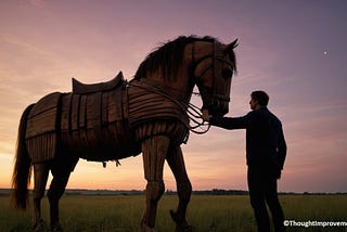 A man petting a Trojan horse.