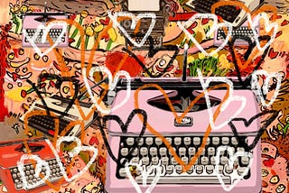 From ChatGPT: Illustrated collage of multiple vintage typewriters layered across a vibrant, abstract background in warm tones of orange, red, and yellow. White and orange hand-drawn hearts are scattered over the image, overlapping the typewriters. The overall style is bold and expressive, blending retro office tools with Valentine’s-themed heart imagery. Illustration by Francois Top.