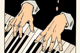 Two male hands playing a piano keyboard