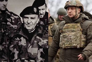 Bosnia and Herzegovina President Alija Izetbegovic during the 1990s war flanked my his army; President Volodymyr Zelenskyy of Ukraine with his army