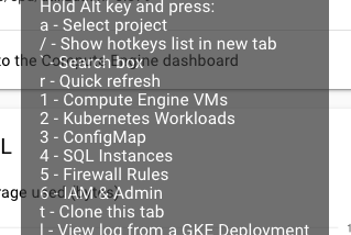 Phím tắt cho Google Cloud Platform Console