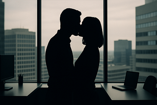 Image shows the silhouettes of a man and a woman kissing in an office.