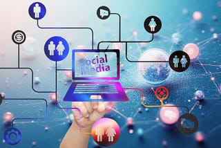 Grafika przedstawiająca sieć ikon połączonych z laptopem z napisem ‘Social Media’, symbolizująca, jak portale społecznościowe pomagają znaleźć pracę.
