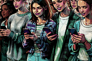 illustratoin of kids in a crowd looking at their phones