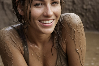 Woman smiling in mud puddle