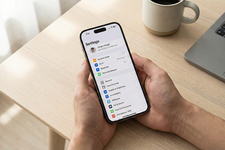 A person holding an iPhone, looking at the main Settings menu to audit privacy and battery configurations