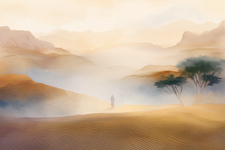 Distant figure walking toward desert oasis