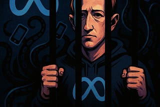 IMAGE: Mark Zuckerberg gripping prison bars, with dark tentacles holding glowing smartphones behind him and the Meta logo looming in the background, symbolizing pervasive surveillance