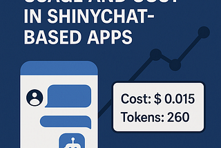“Digital illustration showing a modern dashboard concept for a Medium article titled ‘Tracking Token Usage and Cost in Shinychat-based Apps’. The design features a chat interface with a robot icon representing an AI assistant, alongside a cost and token usage display reading ‘Cost: $0.015 | Tokens: 260’. A subtle line chart rises in the background, set against a deep blue backdrop with white and light-blue elements, conveying data transparency and modern analytics.”